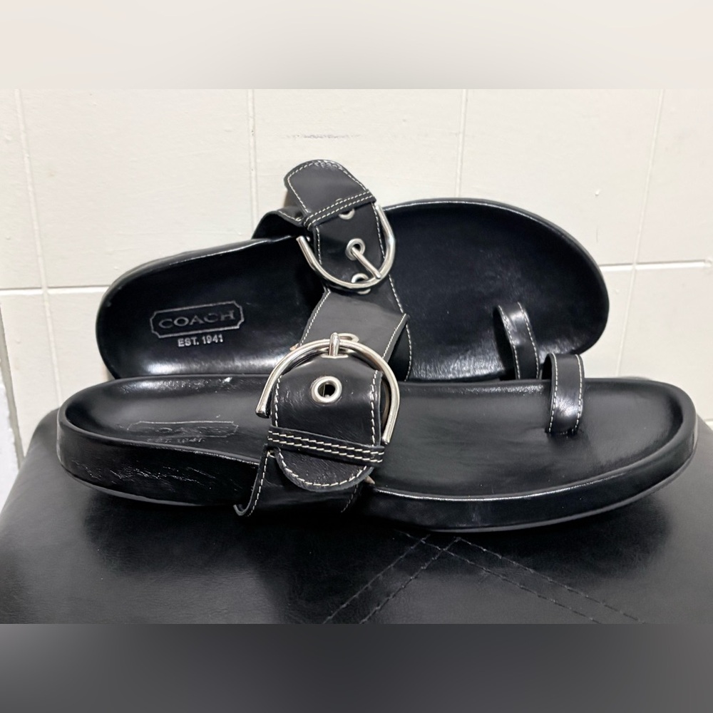 East 1941 Handmade Black Leather Open Toe Ring Strap Sandals - Size 10